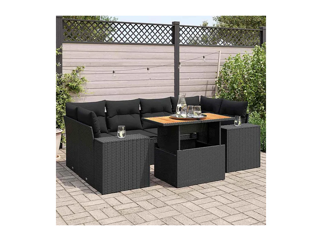 Conjunto de muebles de jardín de 7 piezas con cojines negros en resina trenzada