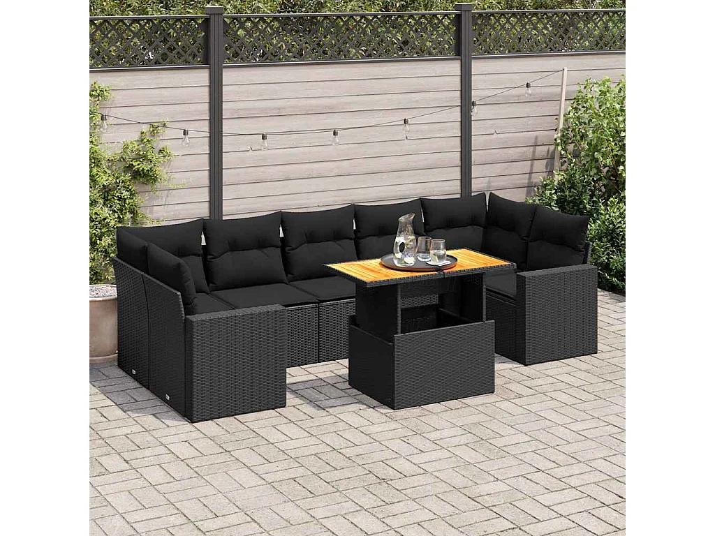 Salon de jardin 8 pcs avec coussins noir résine tressée
