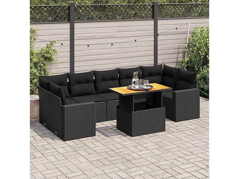 Salon de jardin 8 pcs avec coussins noir résine tressée