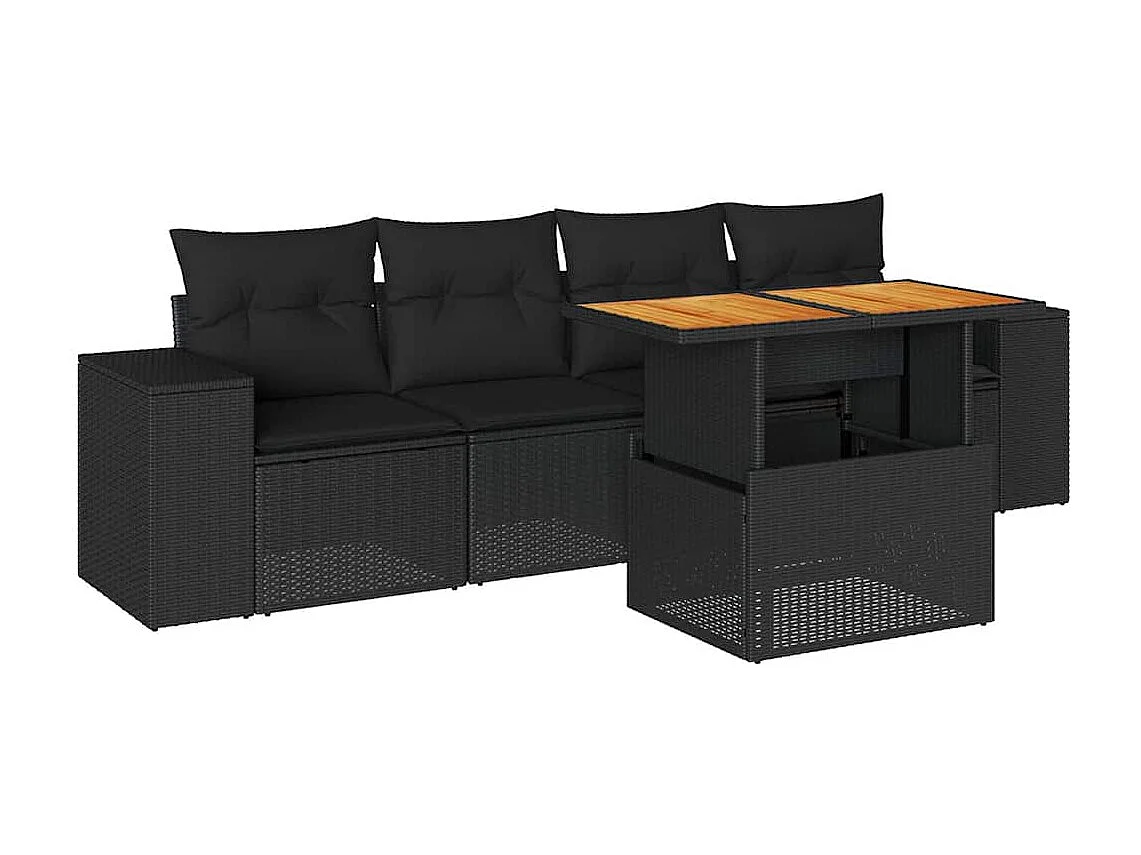 Salon de jardin 5 pcs avec coussins noir résine tressée