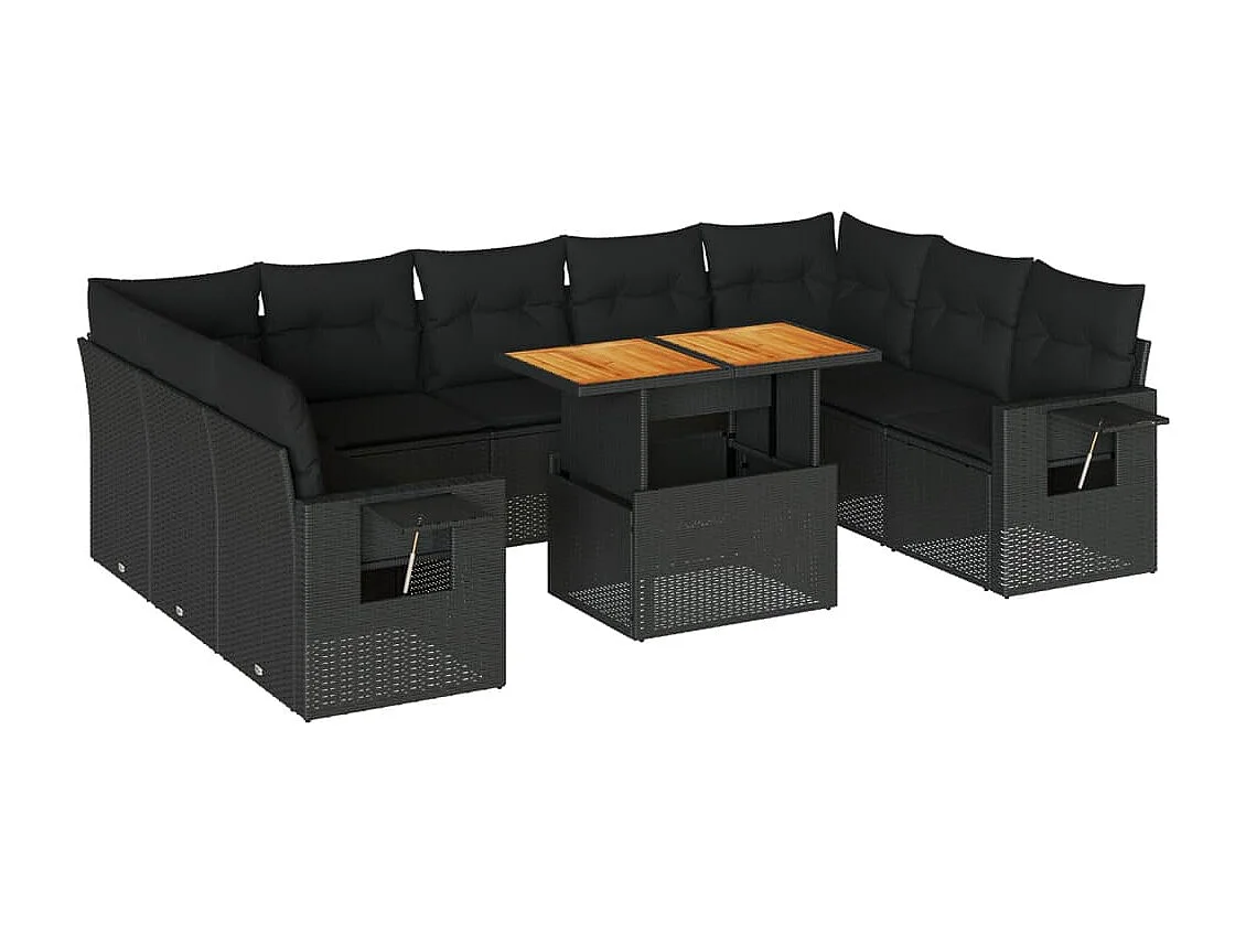 Salon de jardin 10 pcs avec coussins noir résine tressée