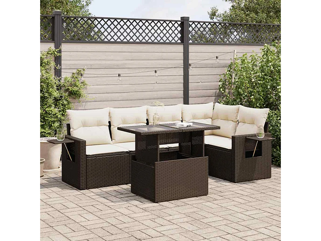 Salon de jardin avec coussins 6 pcs marron résine tressée