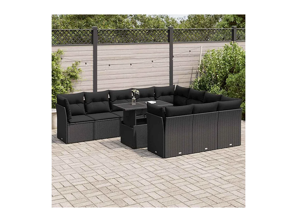 Conjunto de muebles de jardín de 11 piezas con cojines negros en resina trenzada