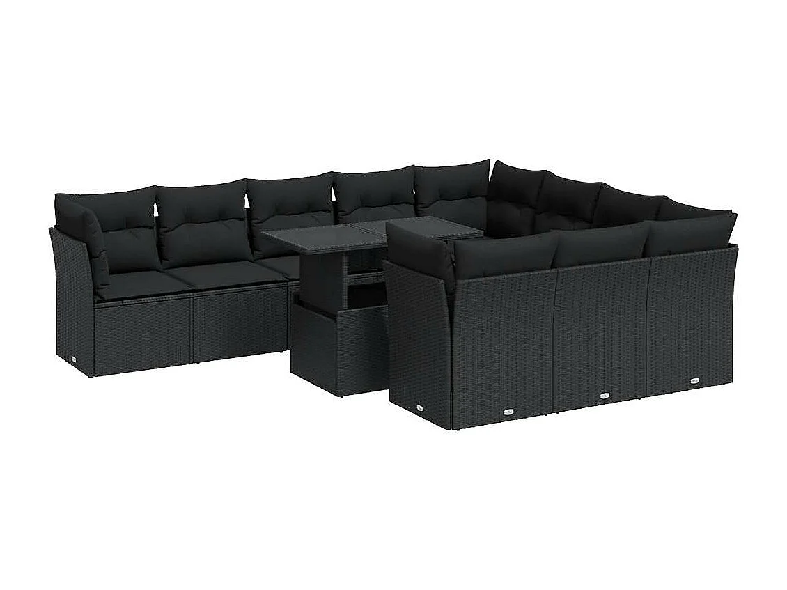 Conjunto de muebles de jardín de 11 piezas con cojines negros en resina trenzada