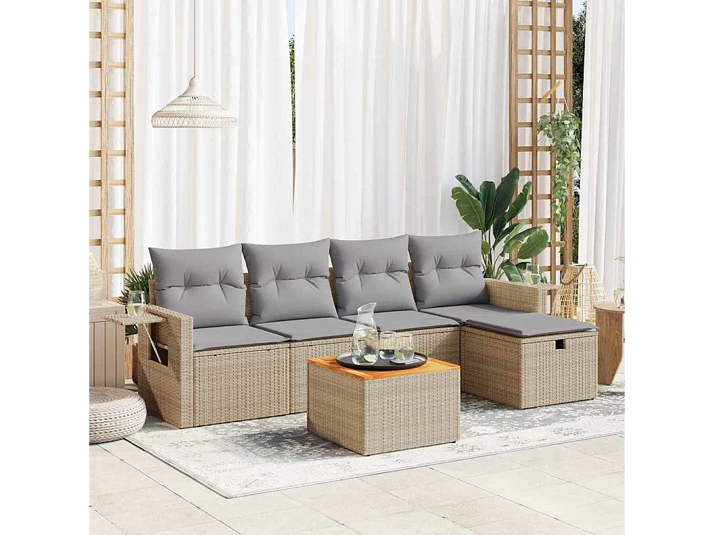 Salon de jardin avec coussins 6 pcs beige résine tressée