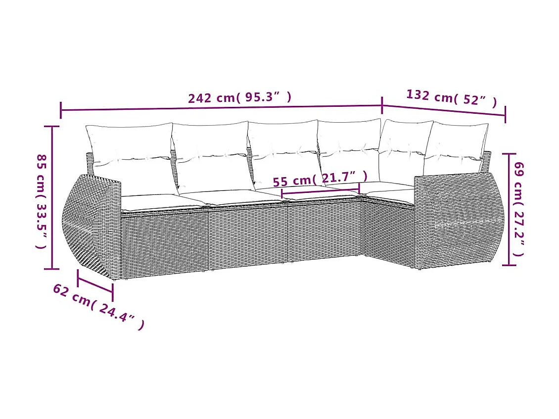 Salon de jardin avec coussins 5 pcs marron résine tressée