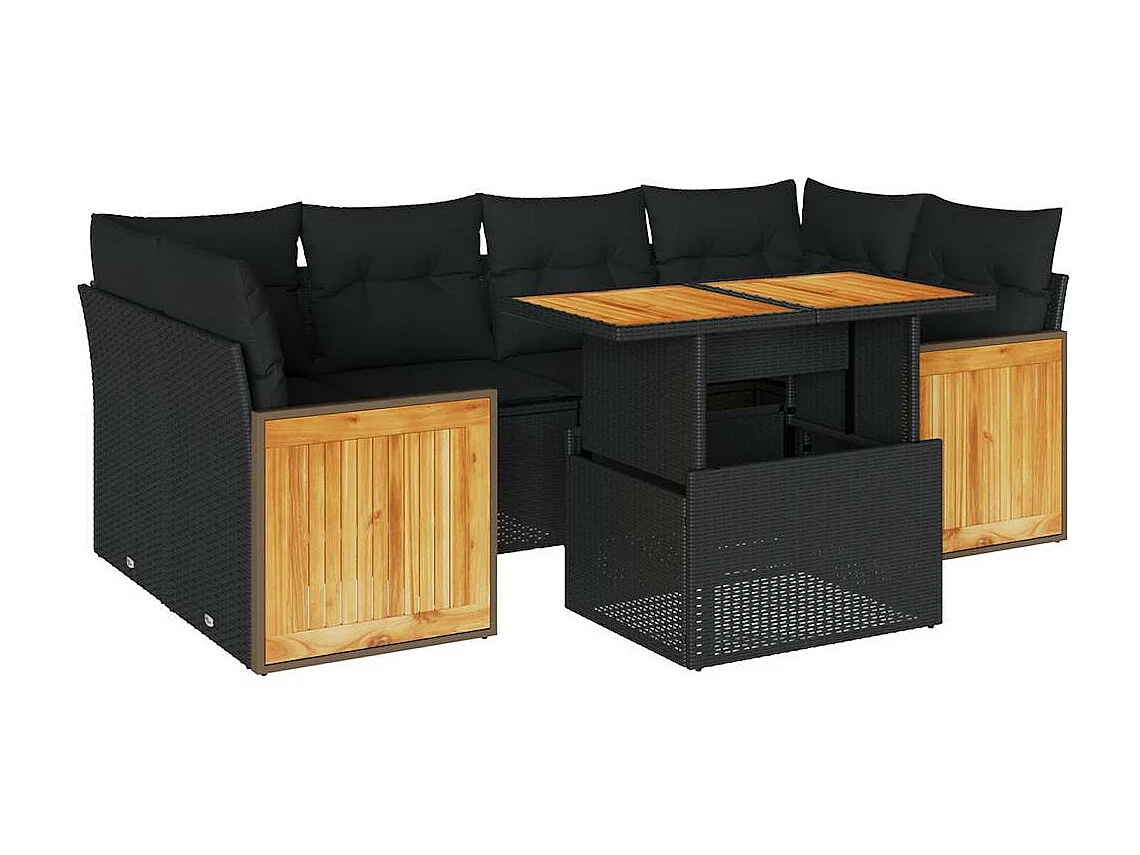 Set mobili da giardino con cuscini 7 pz resina nera vimini acacia