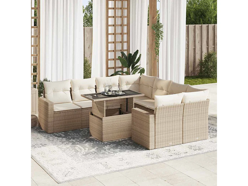 Salon de jardin avec coussins 9 pcs beige résine tressée