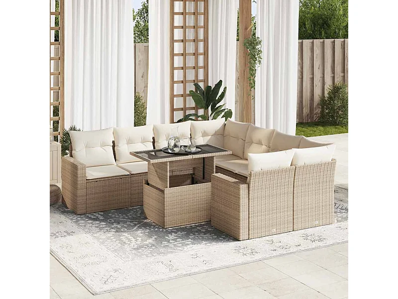 Salon de jardin avec coussins 9 pcs beige résine tressée