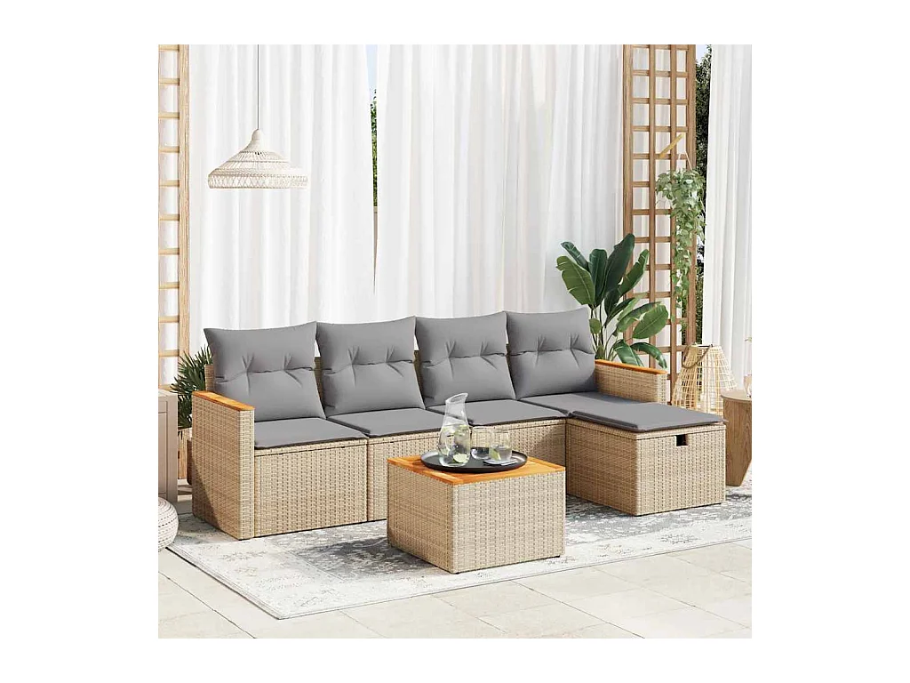 Salon de jardin avec coussins 6 pcs beige résine tressée