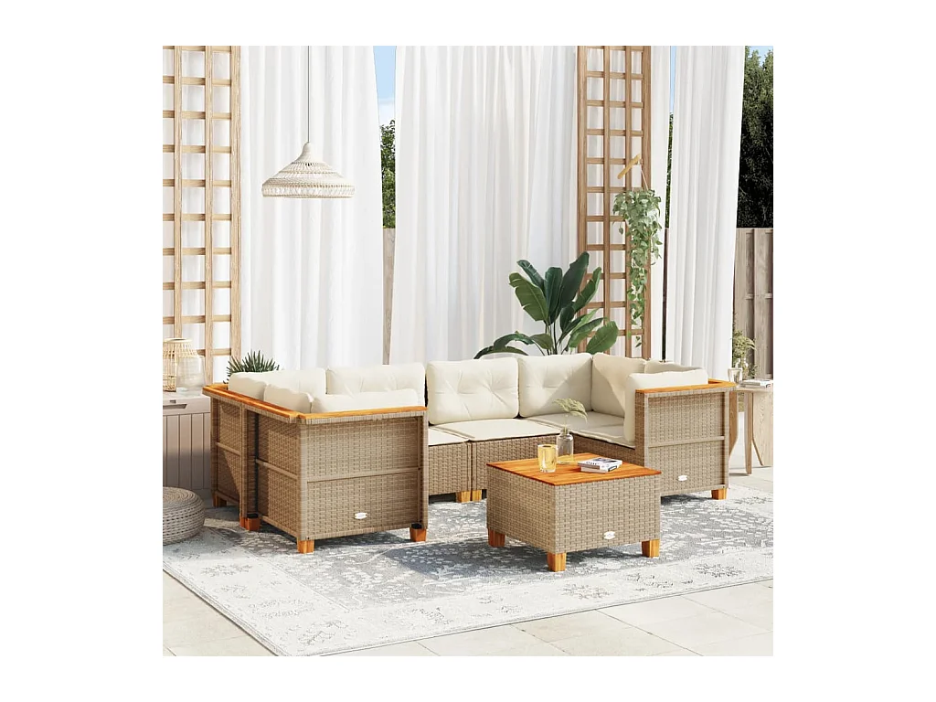 Salon de jardin avec coussins 7 pcs beige résine tressée