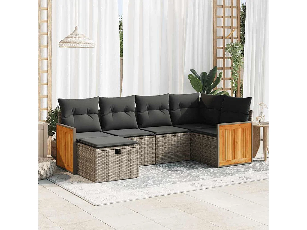 Salon de jardin 6 pcs avec coussins gris résine tressée