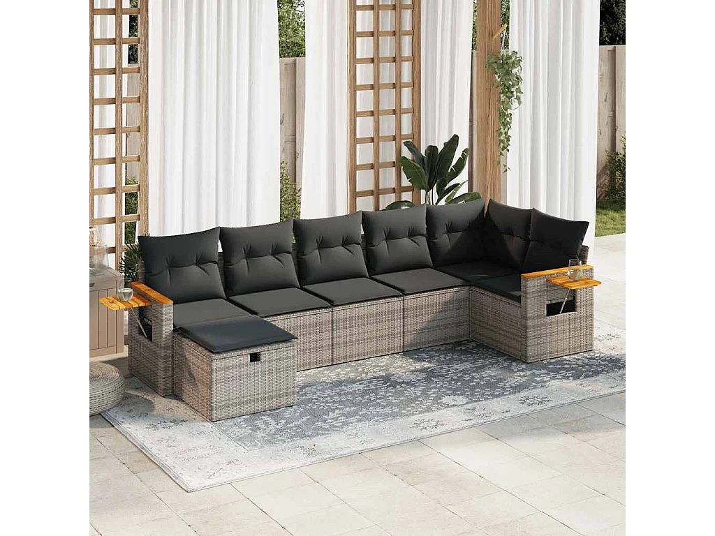 Conjunto de móveis de jardim com almofadas 7 peças resina trançada cinza