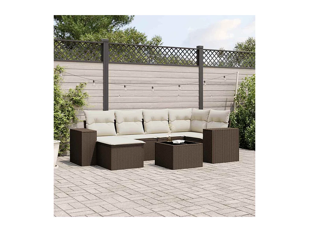Salon de jardin avec coussins 7 pcs marron résine tressée