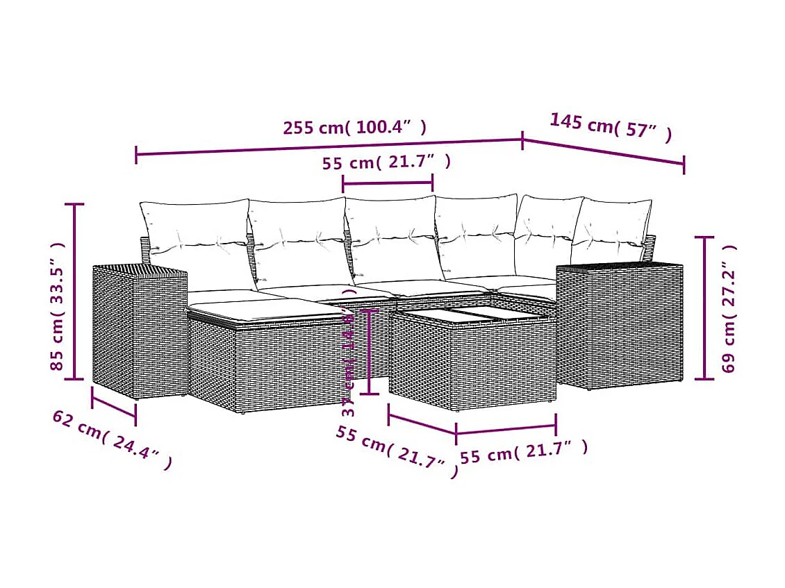 Conjunto de móveis de jardim com almofadas 7 peças resina de vime marrom