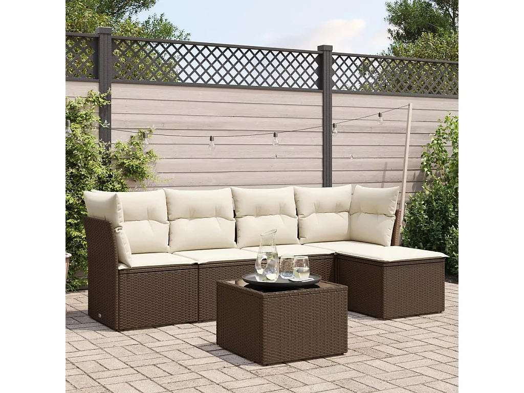 Salon de jardin avec coussins 6 pcs marron résine tressée