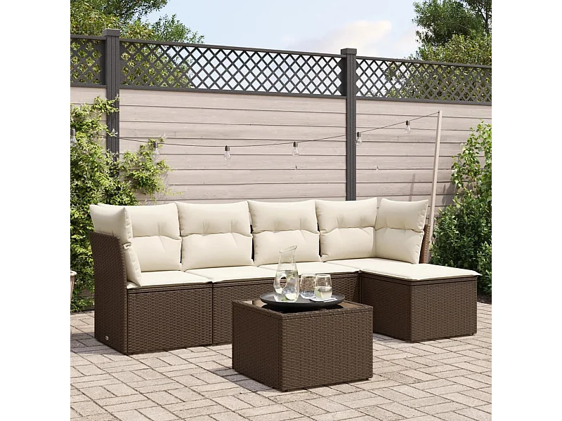 Salon de jardin avec coussins 6 pcs marron résine tressée