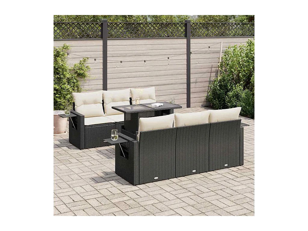 Salon de jardin 7 pcs avec coussins noir résine tressée
