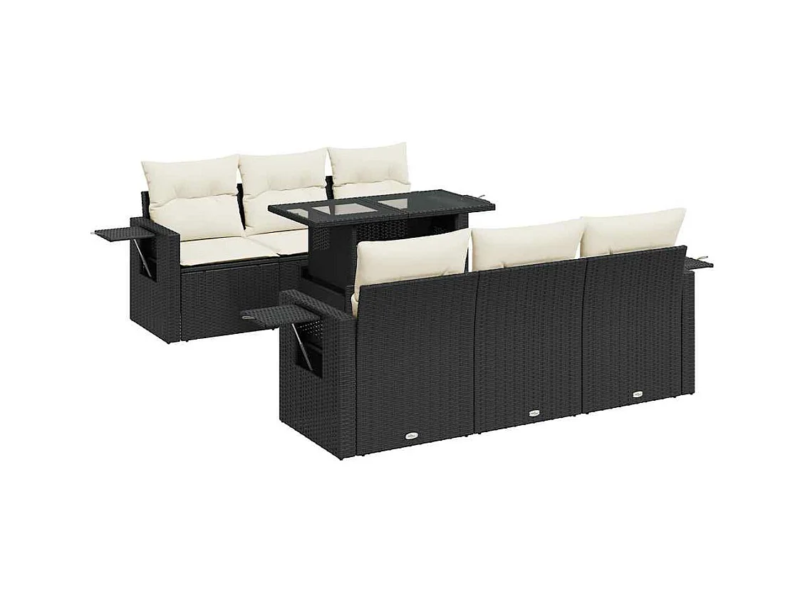 7-delige tuinmeubelset met zwarte kussens van geweven hars