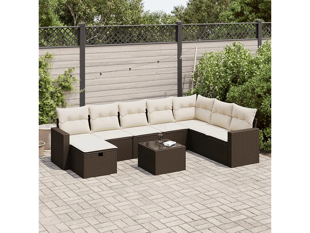 Set mobili da giardino con cuscini 9 pezzi in vimini marrone resina