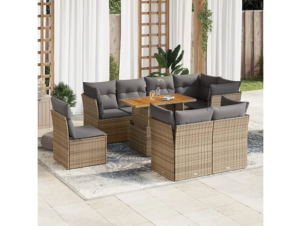 Salon de jardin avec coussins 9 pcs beige résine tressée