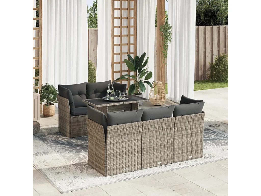 Salon de jardin 6 pcs avec coussins gris résine tressée