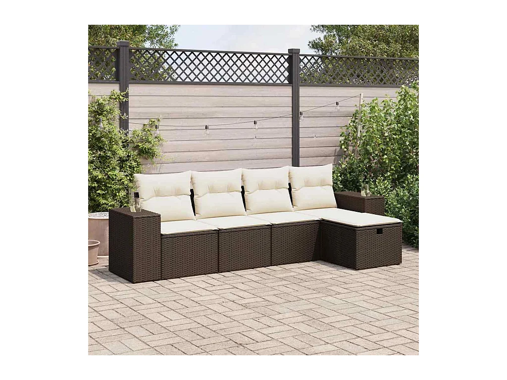 Conjunto de muebles de jardín con cojines 5 piezas resina tejida marrón