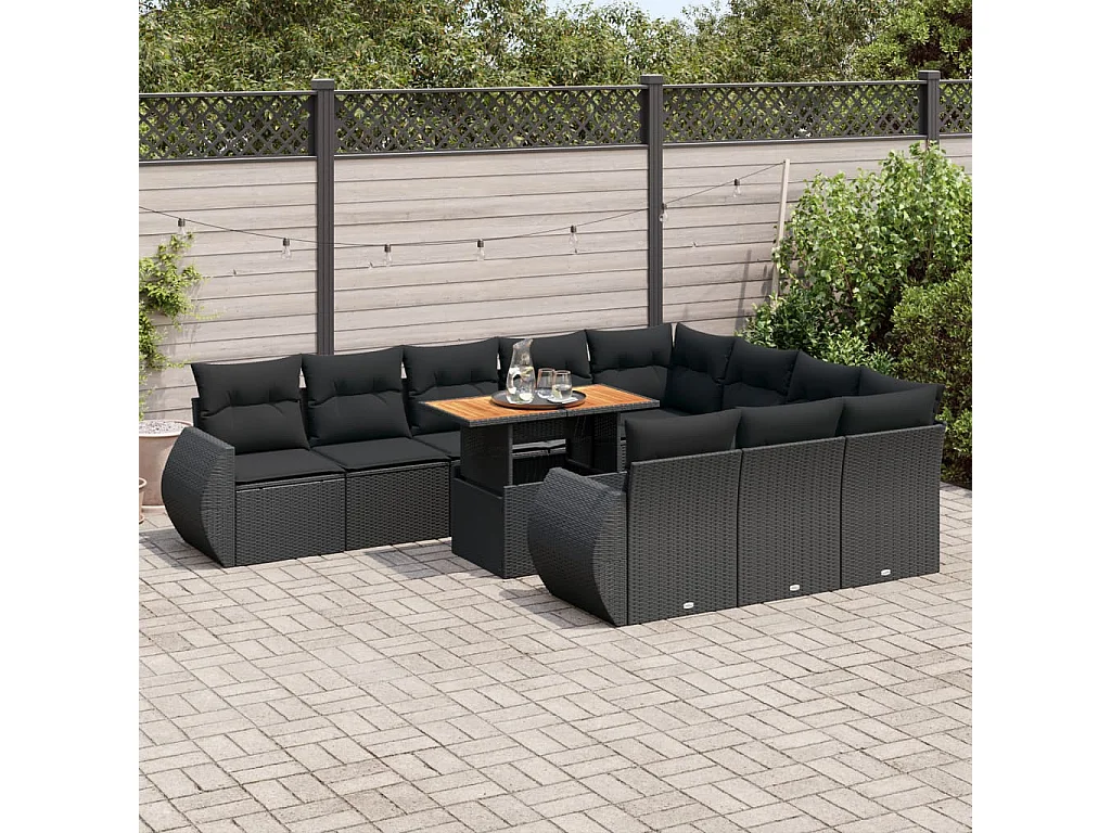 Salon de jardin 11 pcs avec coussins noir résine tressée