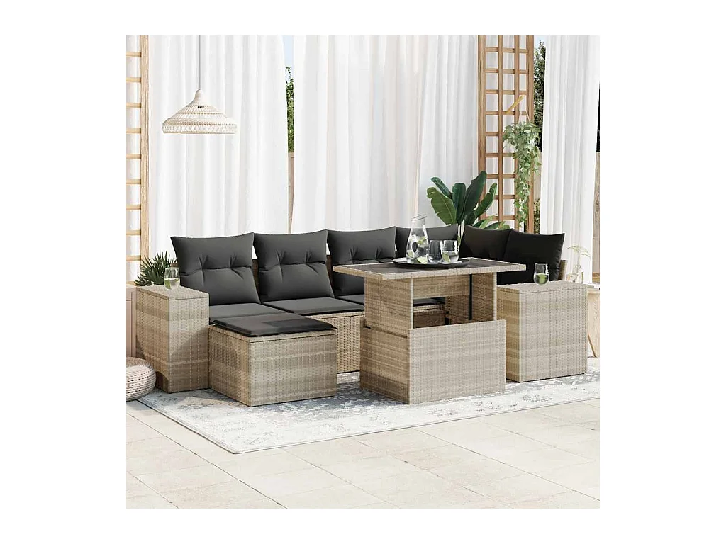 Set di mobili da giardino con cuscini 7 pezzi in resina intrecciata grigio chiaro