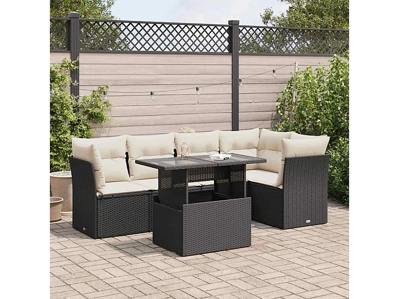 Set di mobili da giardino da 6 pezzi con cuscini neri in resina intrecciata