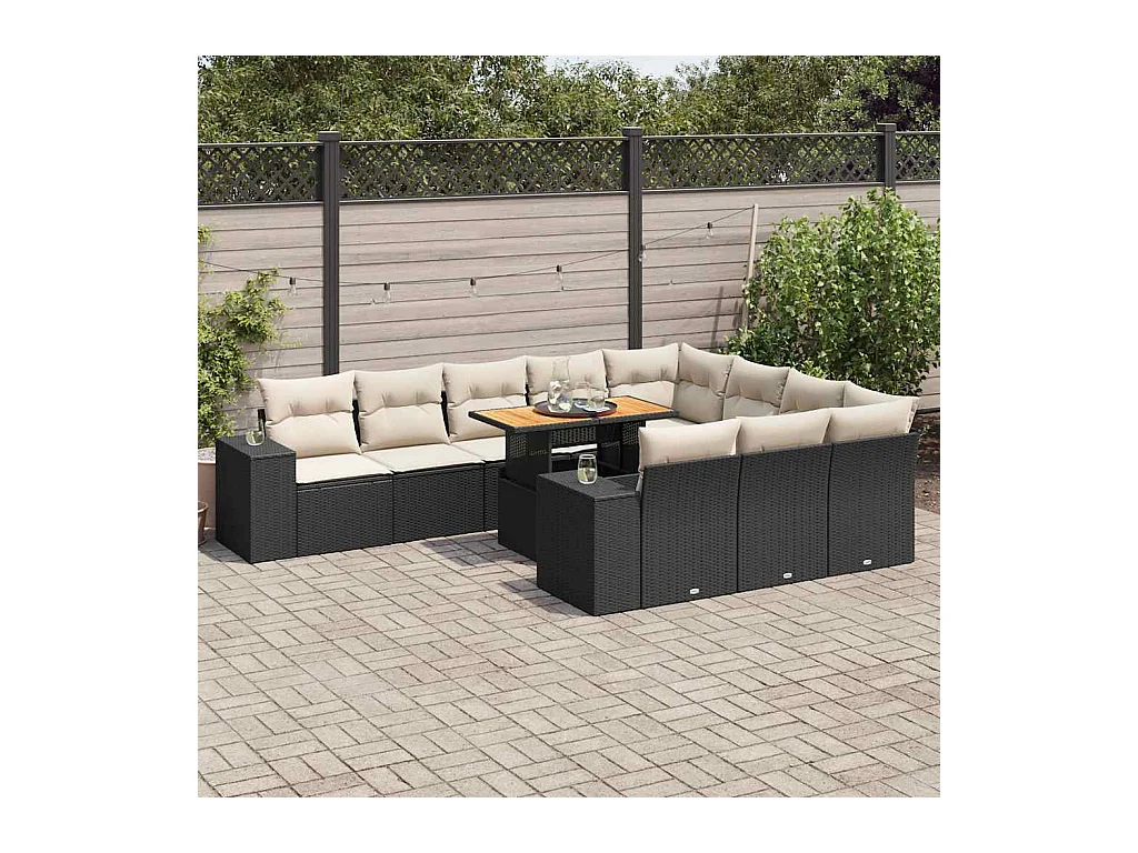 Salon de jardin 10 pcs avec coussins noir résine tressée acacia