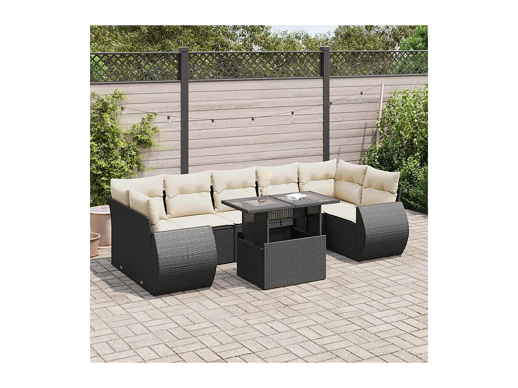 Salon de jardin 8 pcs avec coussins noir résine tressée