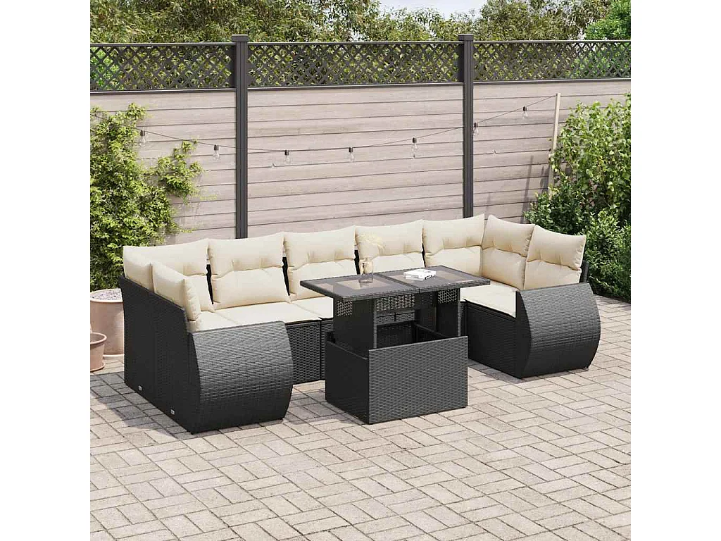 Salon de jardin 8 pcs avec coussins noir résine tressée