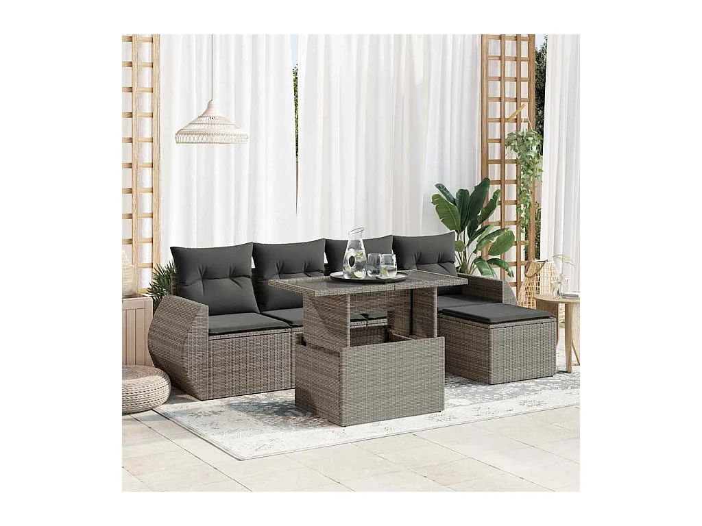 Salon de jardin 6 pcs avec coussins gris résine tressée