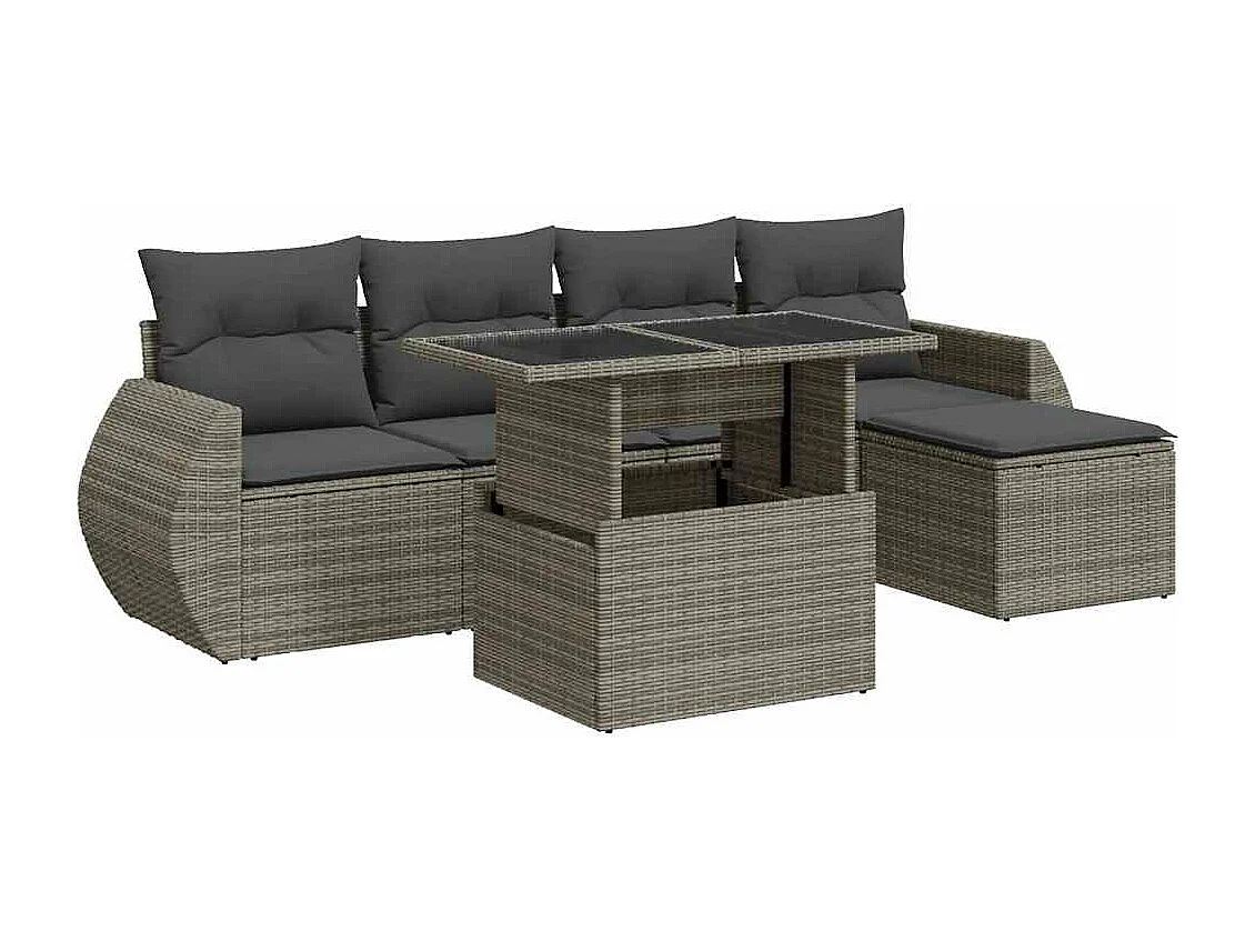 Salon de jardin 6 pcs avec coussins gris résine tressée