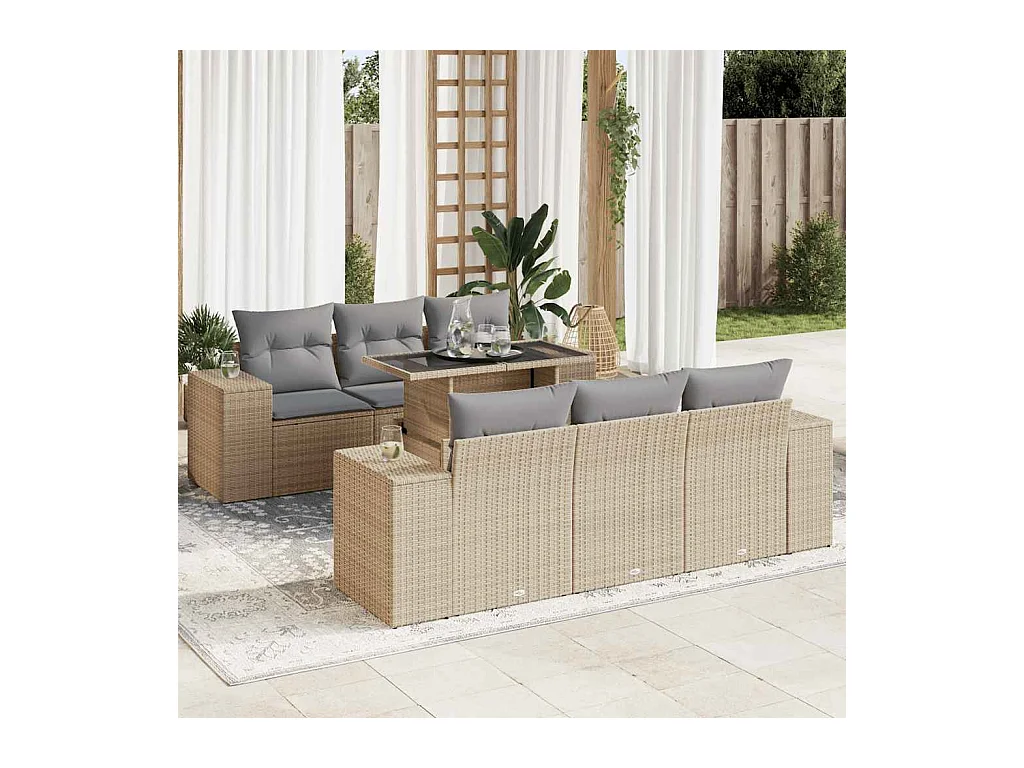 Salon de jardin avec coussins 7 pcs beige résine tressée