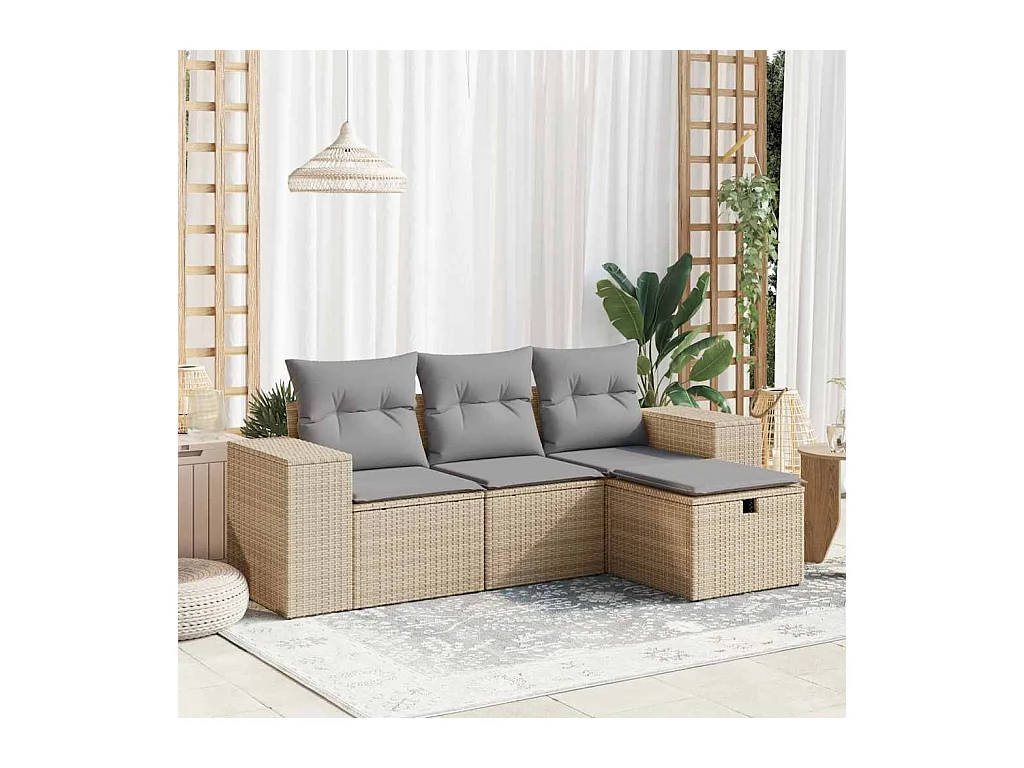 Salon de jardin avec coussins 4 pcs beige résine tressée