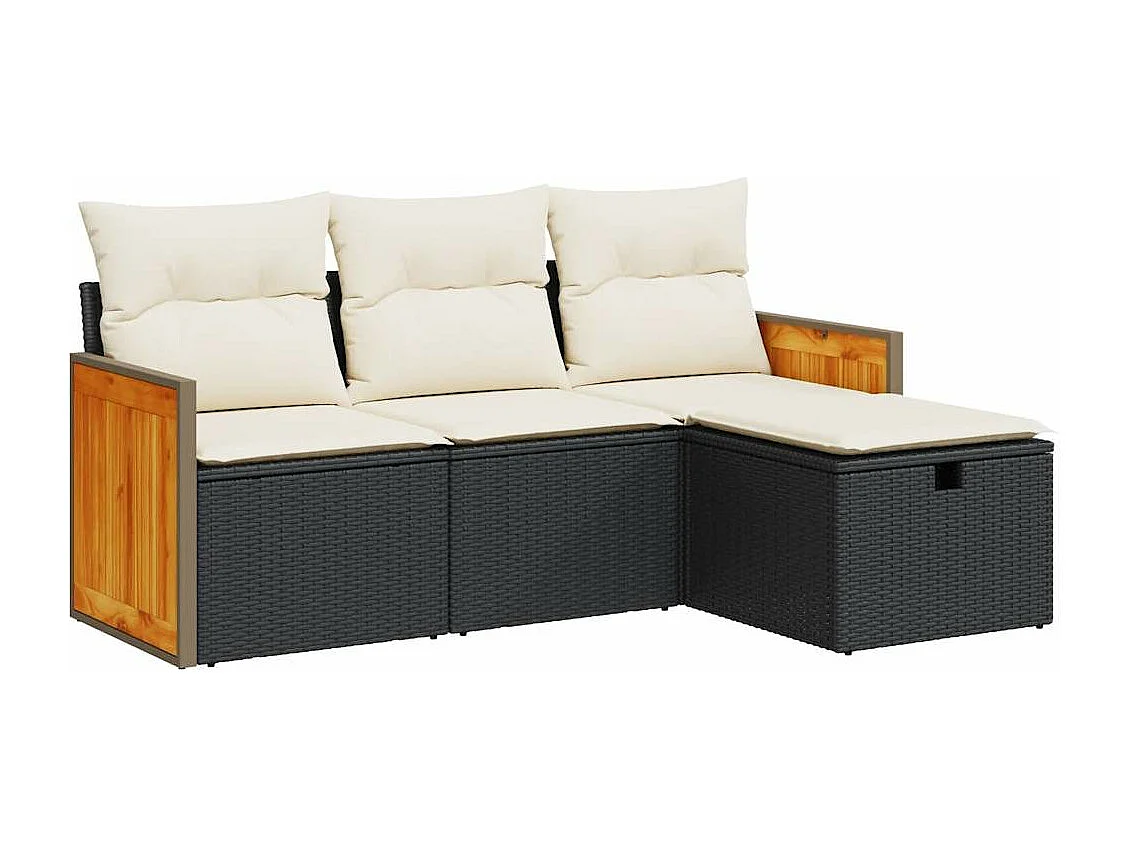 Salon de jardin 4 pcs avec coussins noir résine tressée