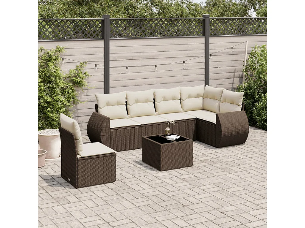Salon de jardin avec coussins 7 pcs marron résine tressée