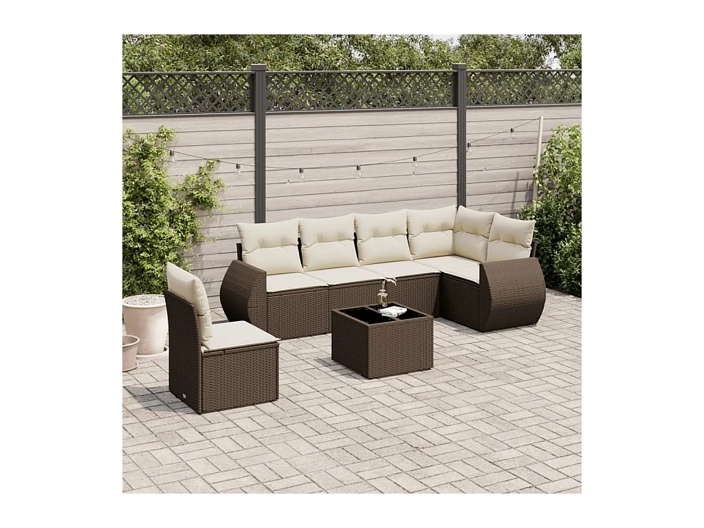 Salon de jardin avec coussins 7 pcs marron résine tressée