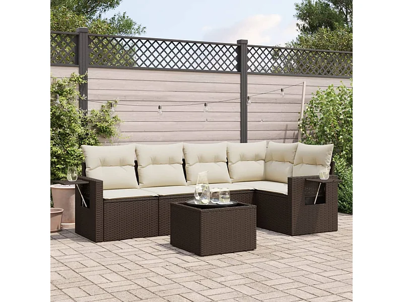 Salon de jardin avec coussins 6 pcs marron résine tressée