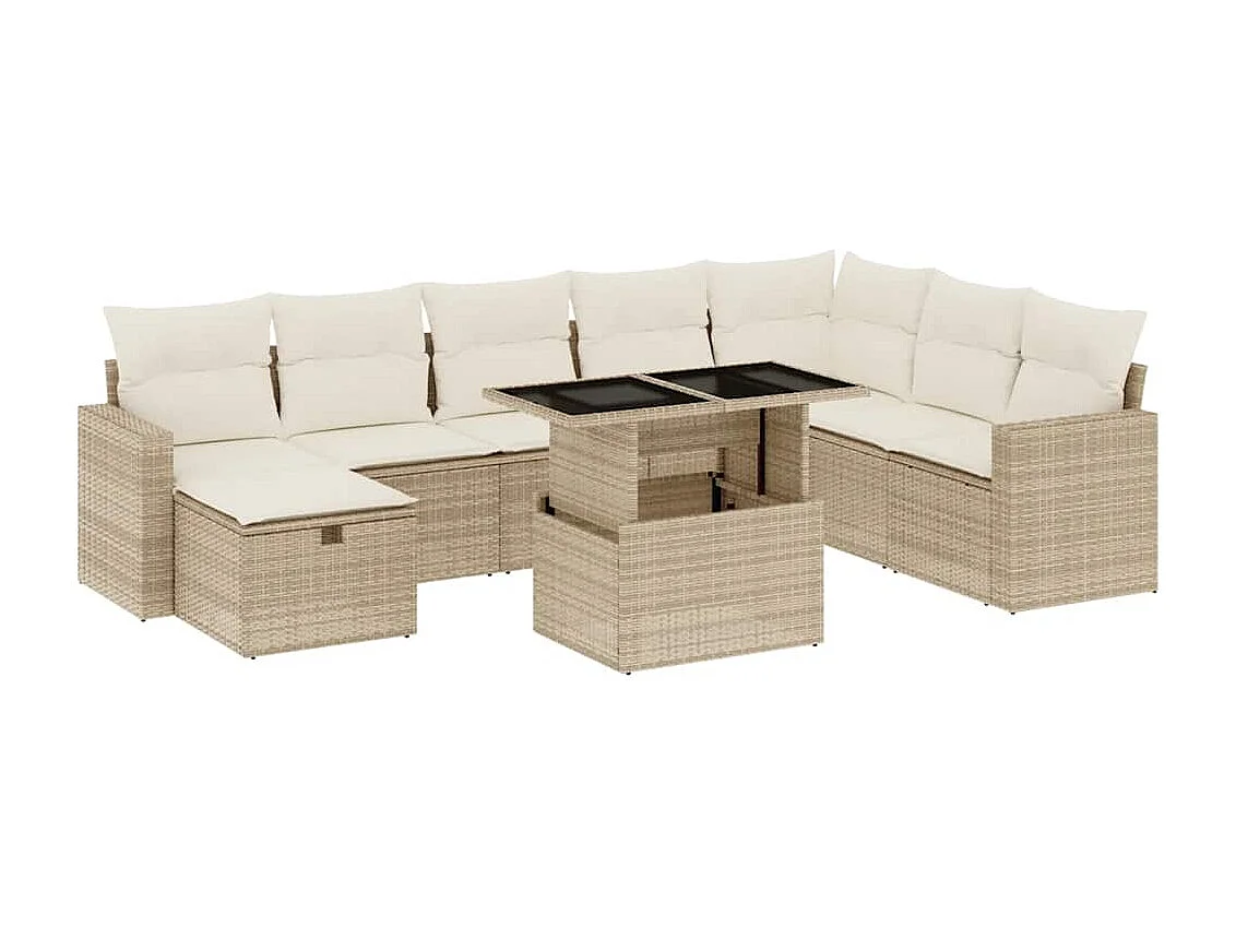 Salon de jardin avec coussins 9 pcs beige résine tressée