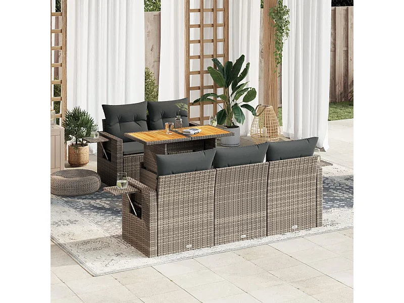 Salon de jardin 6 pcs avec coussins gris résine tressée