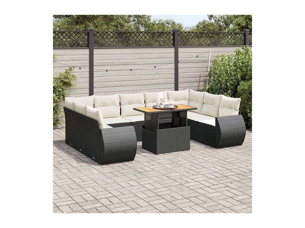 Salon de jardin 10 pcs avec coussins noir résine tressée