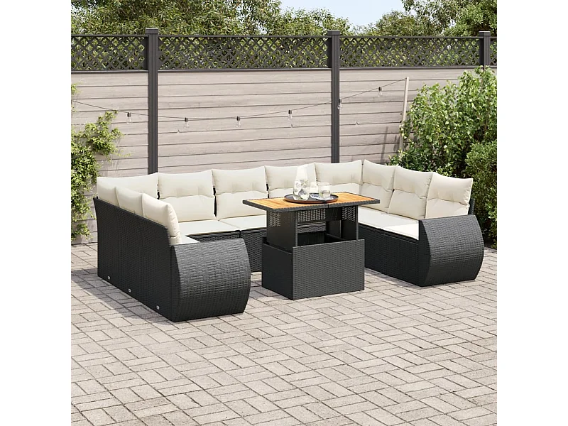 Salon de jardin 10 pcs avec coussins noir résine tressée