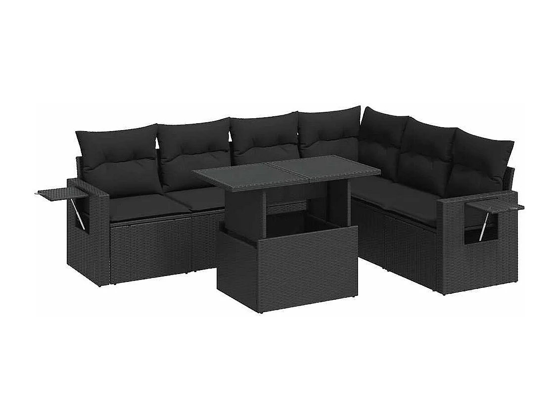 Conjunto de muebles de jardín de 7 piezas con cojines negros en resina trenzada