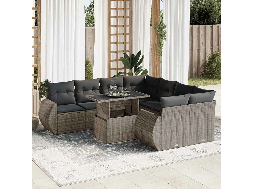 Conjunto de muebles de jardín de 9 piezas con cojines grises en resina trenzada