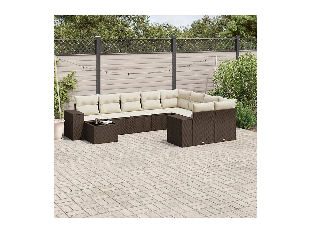 Salon de jardin 10 pcs avec coussins marron résine tressée