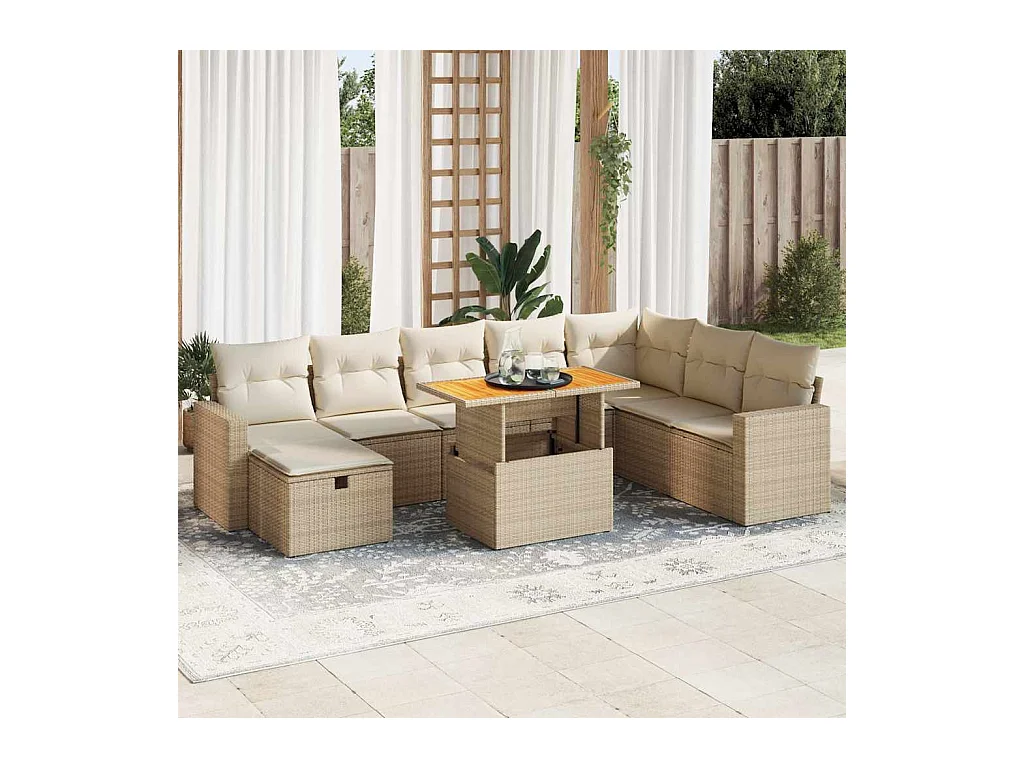 Salon de jardin avec coussins 9 pcs beige résine tressée acacia