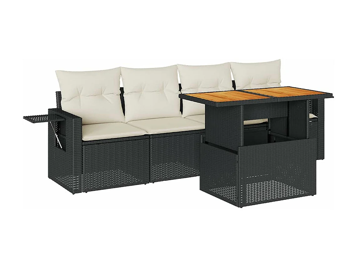 Set di mobili da giardino da 5 pezzi con cuscini neri in resina intrecciata